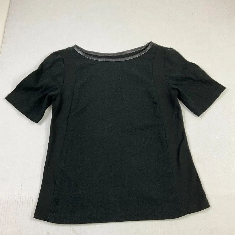LOFT Womens Blouse Black Short Sleeve Boat Neck Faux Leather Trim Stretch Top XS
